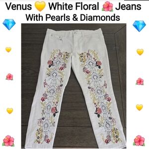 Venus White Floral Jeans with Diamonds and Pearls, Size 10